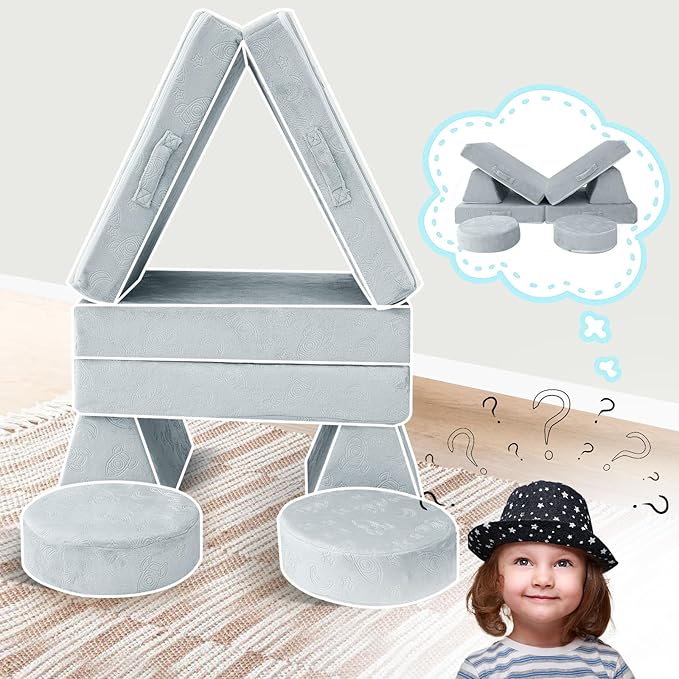 MeMoreCool Modular Kids Play Couch Sofa, Gray 8-Piece Fold-Out Convertible Toddler Couch with Rocket, Star, and Moon Patterns for Playroom