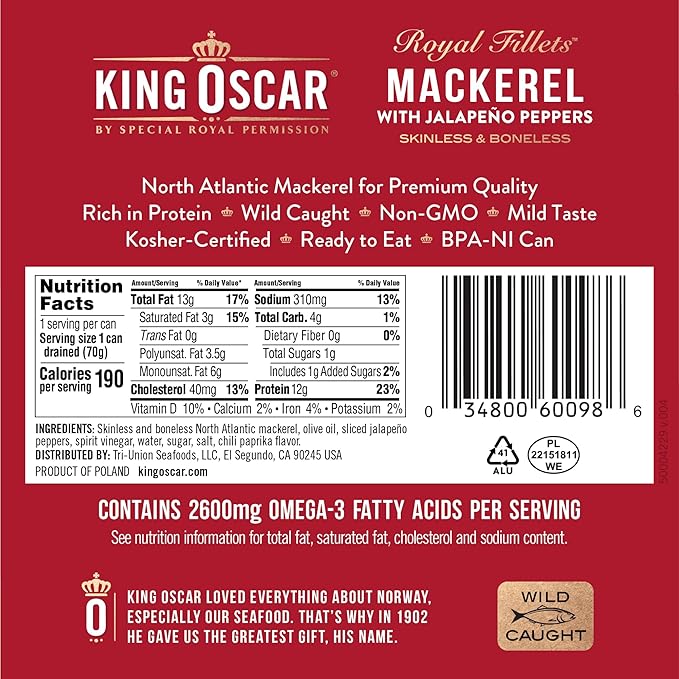 King Oscar Mackerel in Olive Oil with Jalapeño Peppers, 4.05 Ounce Cans (Pack of 12, Packaging May Vary), Skinless & Boneless, Wild Caught Canned Mackerel