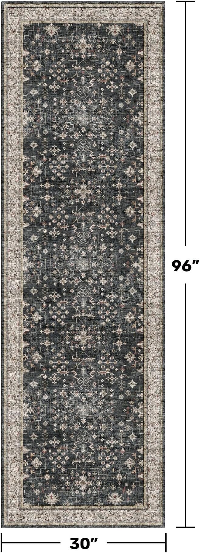 Dark Washable Long Runners for Hallways, 2'6"x8' Wide Kitchen Runner Rug, Entryway Indoor Rug, Non Slip Rubber Backing Boho Vintage Floor Decor, Ashen/Multi
