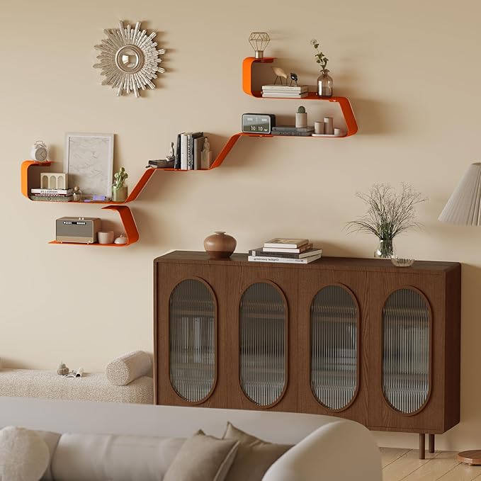 Floating Wall Shelves Set of 3, Metal Mounted Shelf with Unique Design, Bookshelf for Storage & Display in Bathroom, Bedroom, Kitchen, Living Room, Orange Home Decor