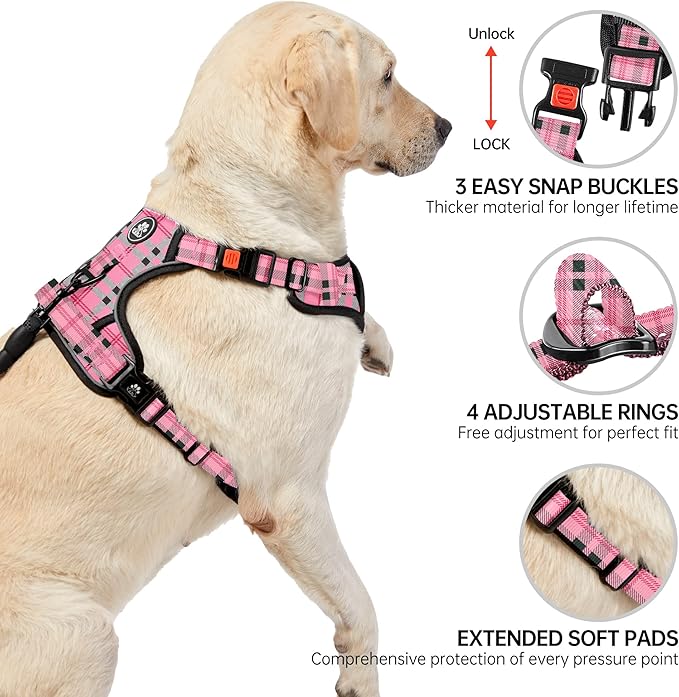 NESTROAD No Pull Dog Harness with Leash, Reflective No Choke Pet Vest Harness,Adjustable Soft Padded Dog Harness with Easy Control Handle for Small Dogs(Checkered Pink,Small)