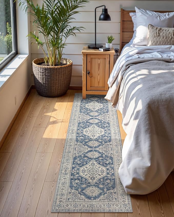 Lahome Oriental Hallway Runner Rug Non Slip, 2.5x8 Kitchen Washable Runner Soft Hallway Rug, Traditional Ultra-Thin Carpet for Bathroom Entryway ?랰aundry Room, Blue