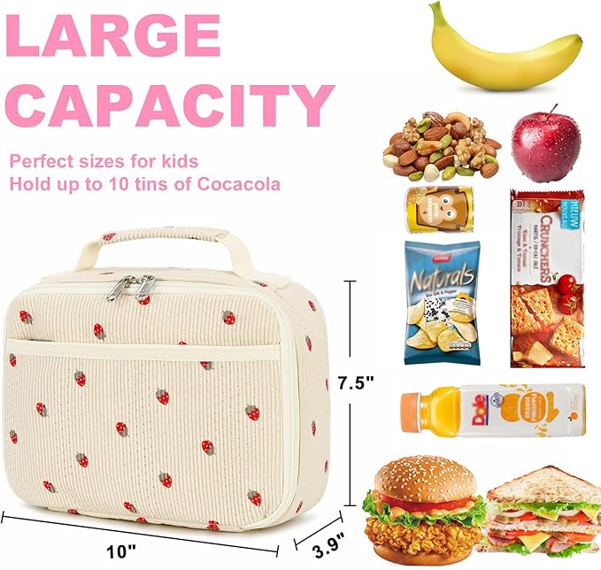 Bluboon Insulated Lunch Bag for Girls & Boys, Corduroy School Lunch Box with Cooler & Organizer Compartments, Leak-Proof Lunch Tote for School, Travel (Corduroy Strawberries Beige)