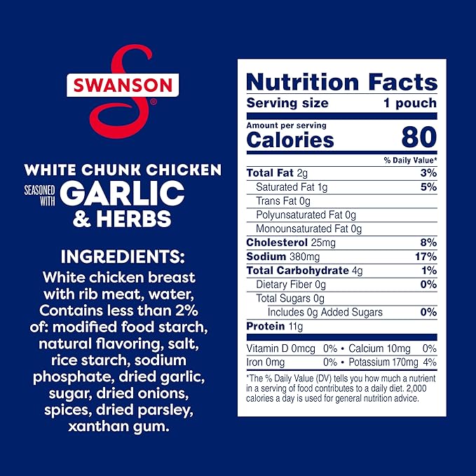 Swanson Garlic and Herbs White Chunk Fully Cooked Chicken, Ready to Eat, Simple On-the-Go Meals, 2.6 OZ Pouch (Case of 12)