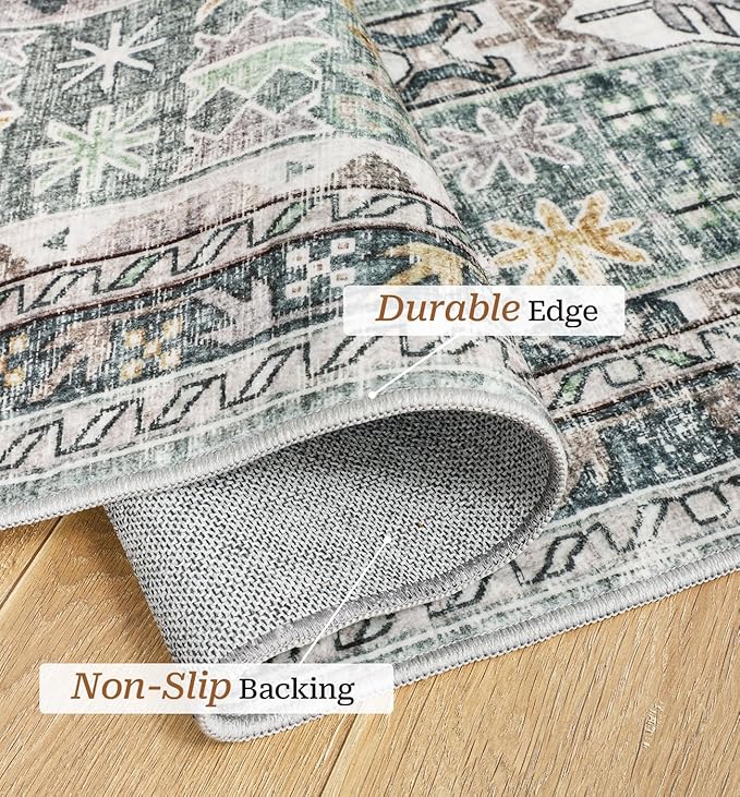 Washable Rug 8x10 Area Rugs for Living Room - Stain Resistant Non-Slip Backing Rugs for Bedroom - Vintage Large Area Rug (Green/Gold, 8'x10')