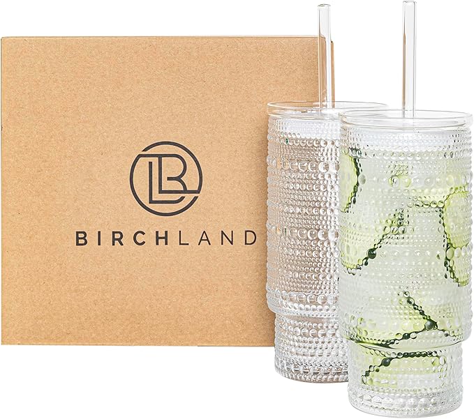 All Glass Hobnail Tumbler with Glass Lid and Straw, Beaded Style Set of 2 (16 oz Hobnail)