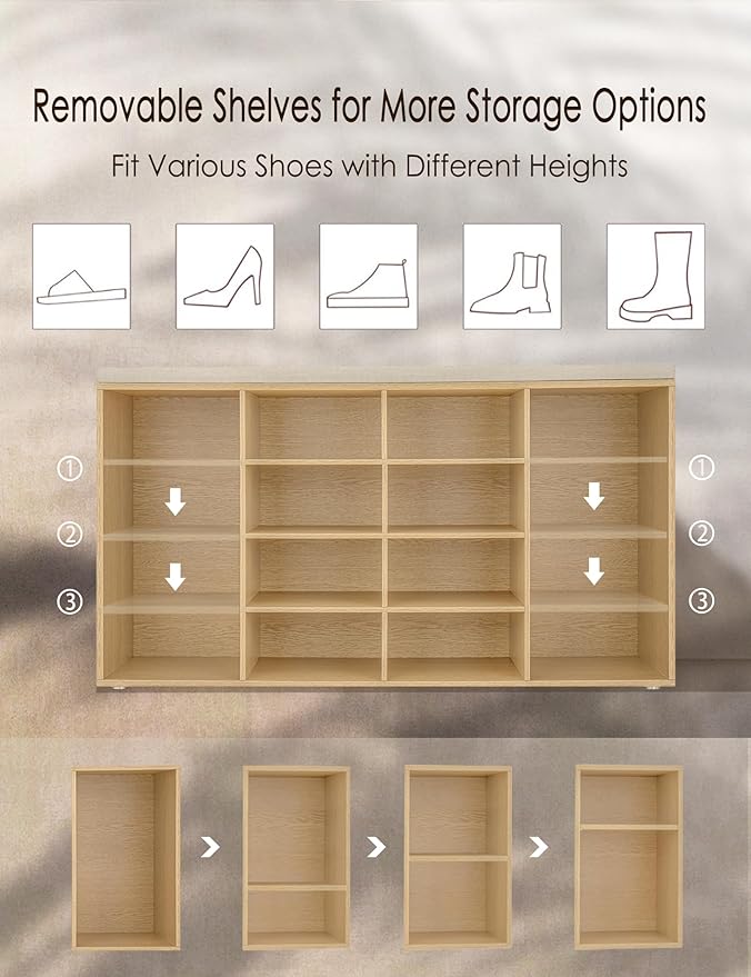 DINZI LVJ Shoe Storage Bench with Cushion, 16-Cubby Shoe Rack, Adjustable Shelves, 40.9" Long Shoe Organizer Bench for Entryway, Mudroom, Hallway, Garage, Natural and Cappuccino Beige