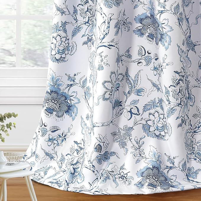 H.VERSAILTEX Blackout Curtains 96 Inch Length 2 Panels Set Floral Print Curtain Drapes for Living Room Thermal Insulated Grommet Window Curtains for Bedroom - Traditional Floral in Storm Blue