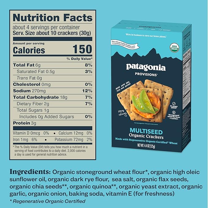 Patagonia Provisions Organic Multiseed Crackers (3 Pack) – 3g Plant Protein Per Serving – Made with Wheat Flour & Sea Salt – Non-GMO, No Added Sugar - Crispy & Crunchy