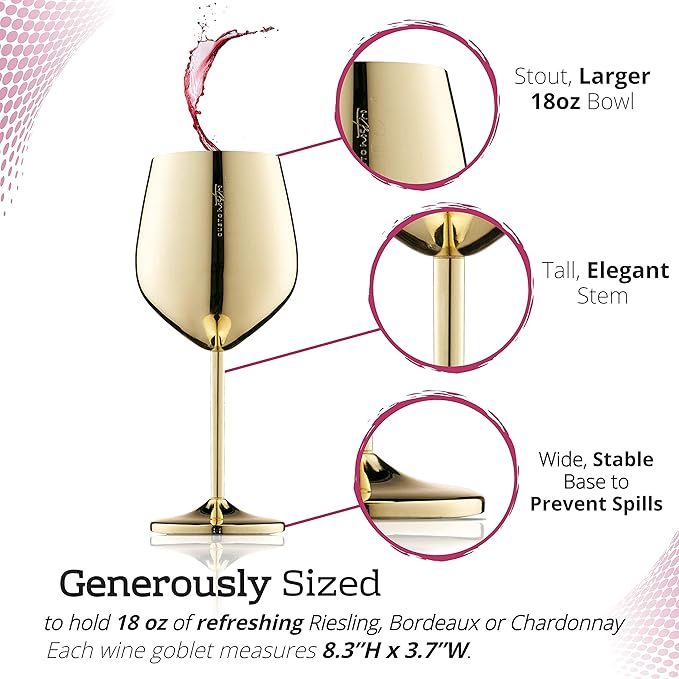 Gusto Nostro Stainless Steel Wine Glass - 18 oz Unbreakable Gold Wine Glasses for Travel, Camping and Pool - Fancy, Unique and Cute Portable Metal Wine Glass for Outdoor Events, Picnics (Set of 2)