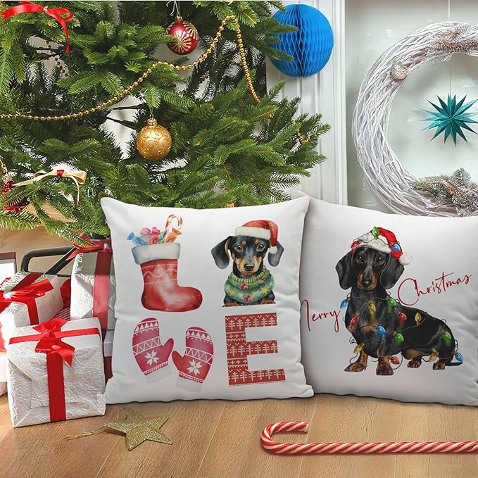 Dachshund Christmas Pillow Covers 18x18, Dachshund Gifts for Women, Merry Christmas Decor, Living Room Bedroom Decor, Set of 2