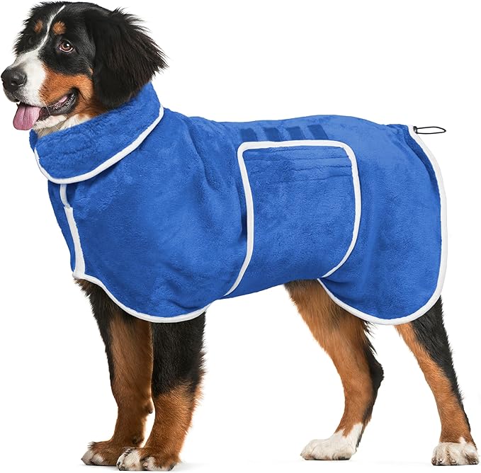 Dog Bathrobe Towel Dog Drying Coat - Super Absorbent Towels Bath Robe for Dogs Large, Soft Adjustable Collar & Belly Strap Fast Drying Coat Pet Cat Bath Robe (Medium Blue‌, 3X-Large)