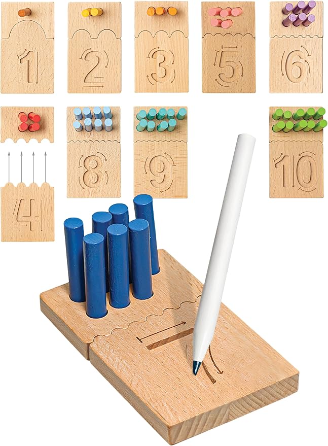 Bimi Boo Counting Peg Boards and Number Tracing for Kids - Wooden Montessori Arithmetic Math Toy Set for Toddlers and Preschoolers - Math Manipulatives for Kindergarten (55 Pegs, 10 Boards, 1 Pencil)
