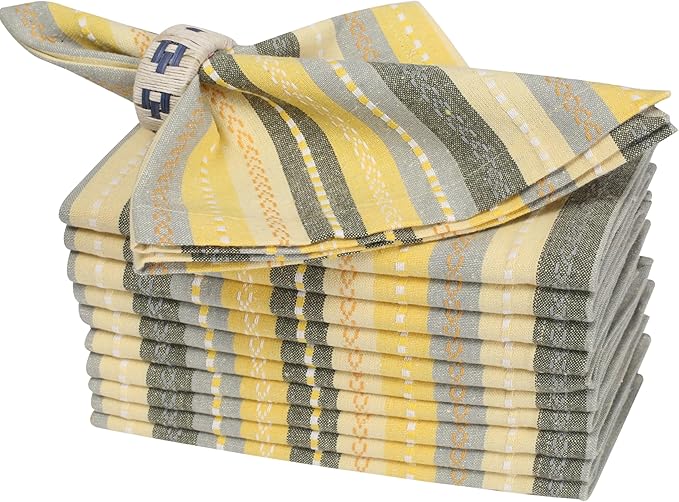 Cloth Napkins Set of 12 – 100% Cotton Dinner Napkins 18x18 Inch – Yellow Multi Color, Machine Washable, Reusable – Ideal for Weddings, Parties, Restaurants