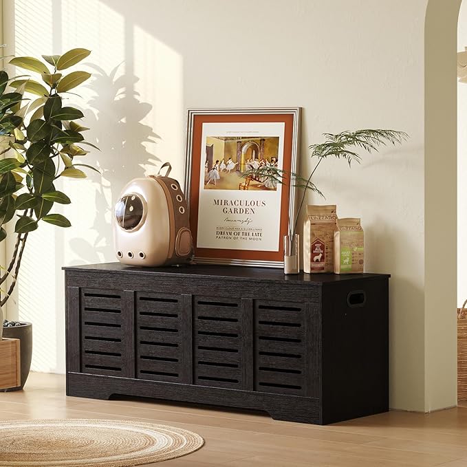DINZI LVJ Storage Chest, 47.3” Wooden Toy Box with 2 Safety Hinges, Retro Entryway Shoe Storage Bench with Flip-Top, Sturdy Large Storage Trunk for Living Room, Bedroom, Easy Assembly, Espresso