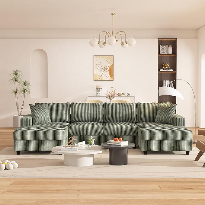 Oversized Symmetrical U Shaped Modular Sectional Sofa with Double Chaise Lounge , Reversible Corduroy Upholstered Sofa Extra Wide Deep Seat Sleeper Sofas Couches w/ 2 Pillows for Living Room Apartment