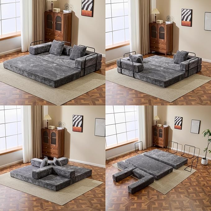 Convertible Sofa Bed, Compression Futon Sofa with Pillows & Armrest, Foldable Mattress Couch with Fixed-Shape Frame, Comfy Couch Lounge Sleeper Bed for Living Room Bedroom, Dark Gray