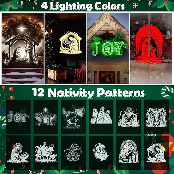 Christmas Nativity Scene Projector Lights, 2025 Upgrade 3D Dynamic Joy Jesus Christian Outdoor Indoor Xmas Decorations Lights, 4-Color, 12 HD Effects with Remote for Wall Window