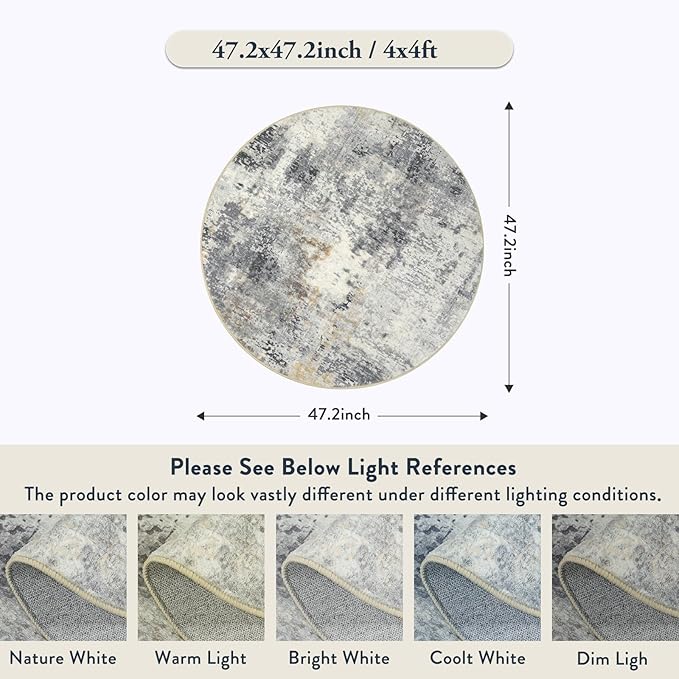 Lahome Modern Abstract Round Rug - 4Ft Grey Small Bathroom Rug Indoor 4x4 Circle Rugs Washable Kitchen Mat, Non Slip Contemporary Bedroom Carpet for Living Dining Room Office Nursery