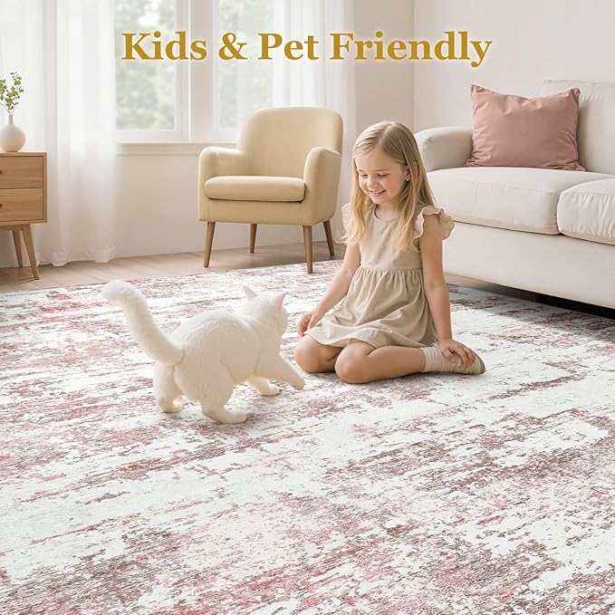 Area Rugs for Living Room: 10x14 Abstract Washable Rug Large Soft Stain Resistant Non-Slip Backing for Bedroom Dining Room Indoor Home Office Carpet for Kids Pet Friendly Families - Pink