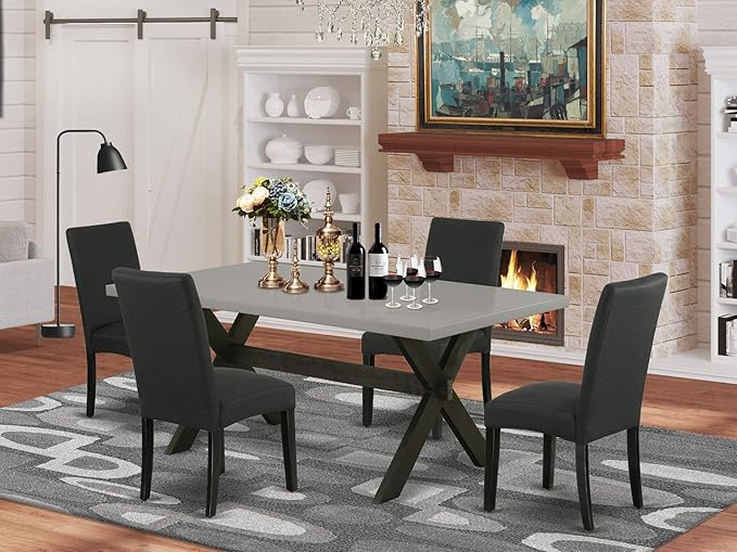 East West Furniture X697DR124-5 5 Piece Dining Room Furniture Set Includes a Rectangle Dining Table with X-Legs and 4 Black Color Linen Fabric Upholstered Chairs, 40x72 Inch, Multi-Color