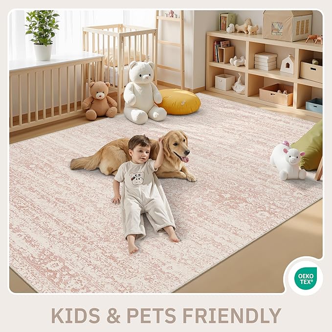 Pink 6x9 Area Rugs for Baby Girl Nursery, Washable Rugs Vintage Floral Non-Slip Low Pile Soft Throw Carpet for Living Room Dining Room Bedroom Kids Playroom (Pink, 6'x9')