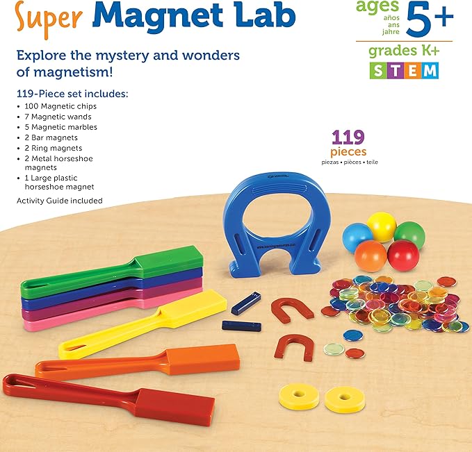 Learning Resources Super Magnet Lab Kit - 119 Pieces, Ages 5+, STEM ,Toys for Kindergartner, Science Learning Activities for Kids,Back to School Supplies,Teacher Supplies