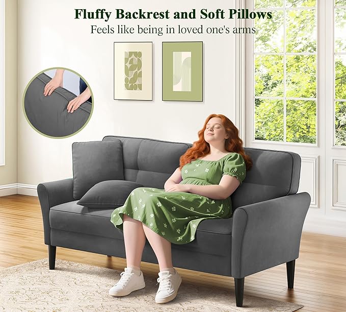 69" Loveseat Sofa, Velvet Small Couches for Small Spaces, Love Seat Couches with 2 Pillows, Tool-Free Setup Loveseats, 700lb Load Sofas for Living Room, Mini Couch for Bedroom, Sofa Couch, Charcoal