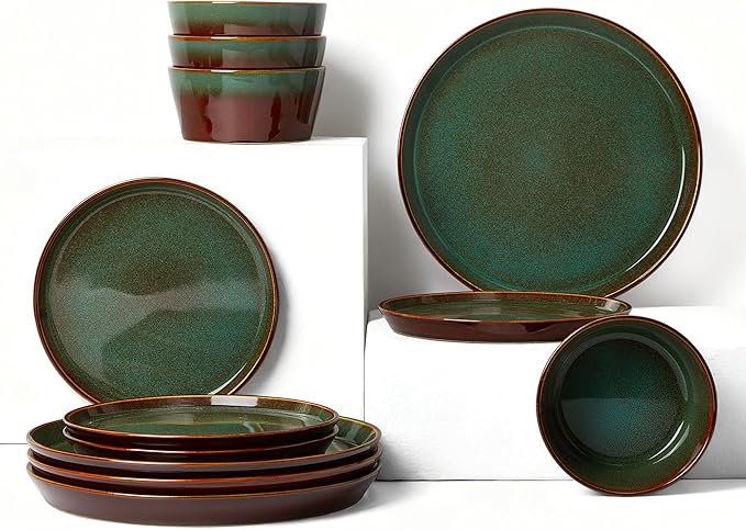 Plates and Bowls Sets for 4, Ceramic Dinnerware Sets, Kitchen Dish Set, Microwave & Dishwasher Safe Dishware, Highly Durable Hand Glazed Dinner Set, Brown Green