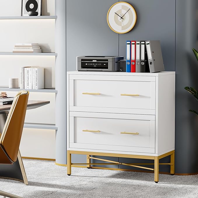 Tribesigns Modern White 2 Drawer File Cabinet, Lateral Filing Cabinet for Letter/Legal/A4 Size, Wood File Storage Cabinets Printer Stand with Storage for Home, Office, White and Gold