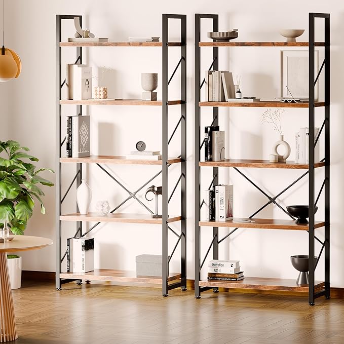 Shintenchi 5 Tiers Bookshelf, Classically Tall Bookcase Shelf, Industrial Book Rack, Modern Book Holder in Bedroom/Living Room/Home/Office, Storage Rack Shelves for Books/Movies-Rustic Brown
