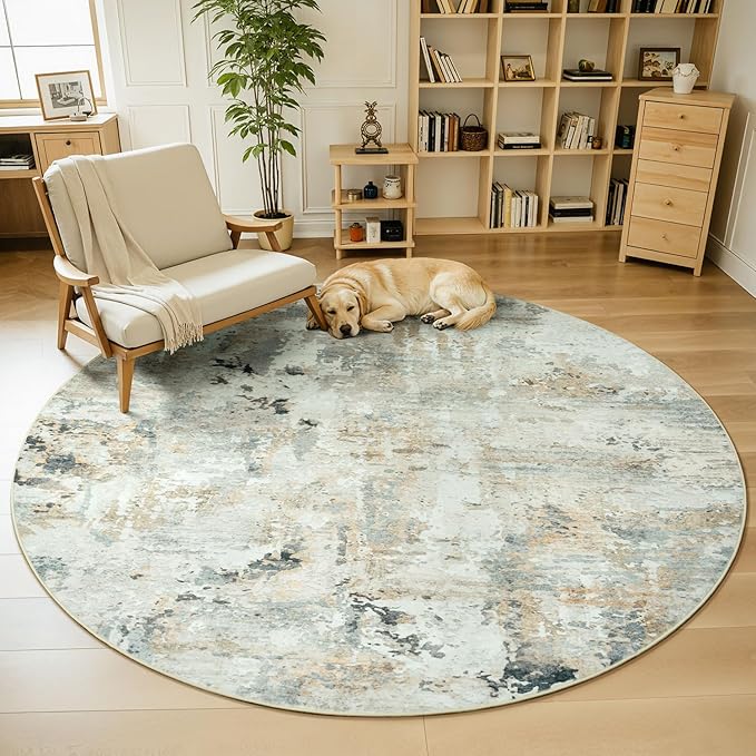 Abstract Round Rugs 8ft, Non-Slip Washable Circle Rug for Living Room, Stain Resistant Neutral Indoor Soft Floor Carpet for Bedroom Nursery, Brown/Grey