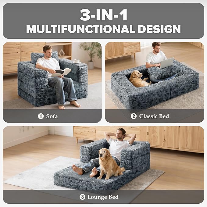 HABUTWAY Convertible Sofa Bed,3-in-1 Folding Futon Sofa Bed with Pillow, Foldable Sleeper Sofa Bed with Removable Cover,Plush Boneless Floor Chair Couch Lounge for Living Room,(Twin,Dark Grey)