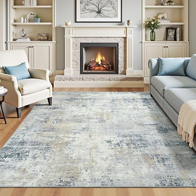 Washable Rugs 5x7 Area Rugs for Living Room, Blue Beige Modern Abstract Carpet for Bedroom, Non-Slip Soft Accent Rug for Kids Room Office Dining Room