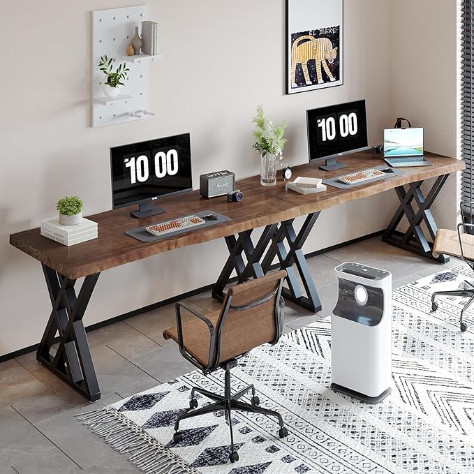 Solid Wood Computer Desk Study Office Desk 55" Writing Desk, Modern Simple Style PC Table, Black Metal Frame, Solid Wood Planks 55" D x 27" W x 29" H for Home Office Bedroom,Rustic Brown