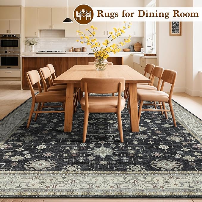 LBRO2M Distressed Black Washable Rugs 9X12 Area Rug for Living Room for Bedroom Dining Room Non Slip Farmhouse Rugs Easy Clean, Stain Resistant Carpet Great for Pets and Kids (9'X12' Charcoal Black)