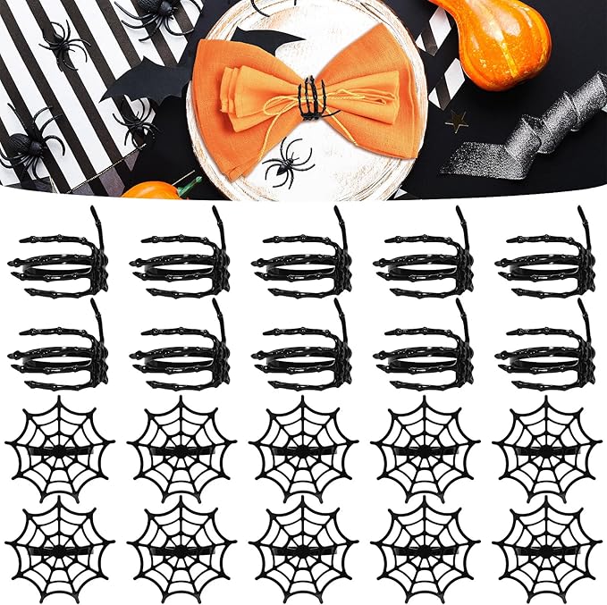 20Pcs Halloween Spider Web Napkin Rings and Devil's Hand Napkin Ring,Metal Spooky Napkin Holder Serviette Buckle Party Supplies for Halloween Dinning Table Costume