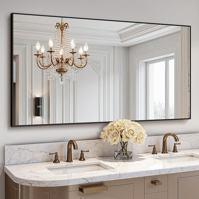Bathroom Vanity Mirror for Wall, 55" x 30" Metal Framed Rectangular Bathroom Wall Mirror for Over Sink, HD Shatterproof Glass, Hangs Horizontally or Vertically(Black)