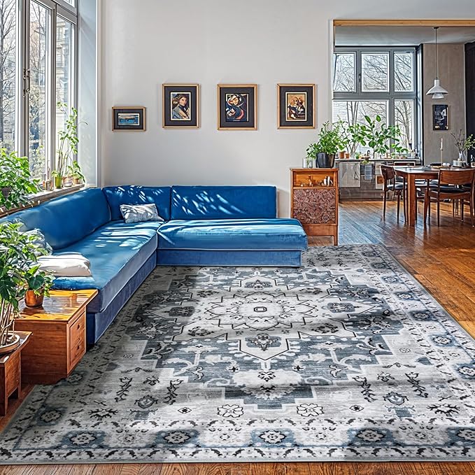 LBRO2M Boho Area Rug 9X12 Washable Rugs for Bedroom Low Piles Indoor Carpet, Non Slip Soft Rug for Living Room, Dining Room, Rug Foldable Pet Friendly Area Rugs Stain Resistant (9'X12' Dusty Blue)