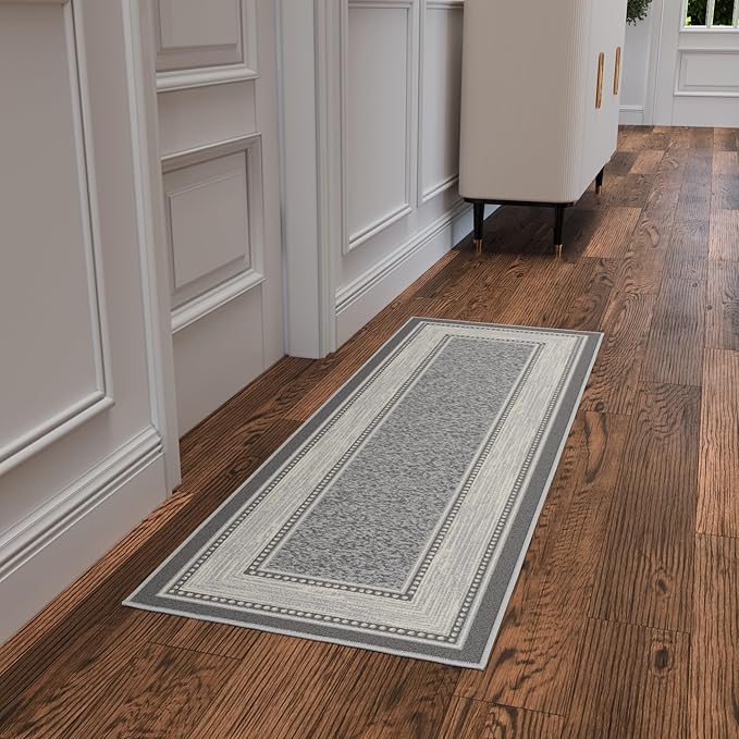 Ottomanson Hallway Runner Rug 20" x 59" Non Slip Border Area Rugs Easy to Clean Laundry Rug Runner Durable & Pet Friendly Floor Carpet Runners for Hallways Entryway Living Room Kitchen, Light Gray