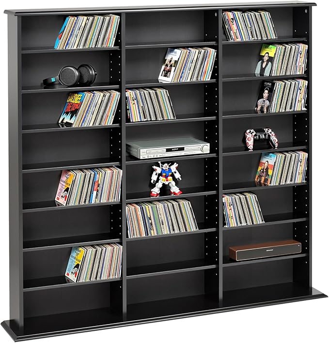 Prepac 3 Column Tall Media Storage Cabinet, Black Storage Cabinet, Display Cabinet, Multimedia Storage Organizer for CDs, DVDs, Blu-rays with 21 Adjustable Shelves 8.75" D x 56" W x 51" H