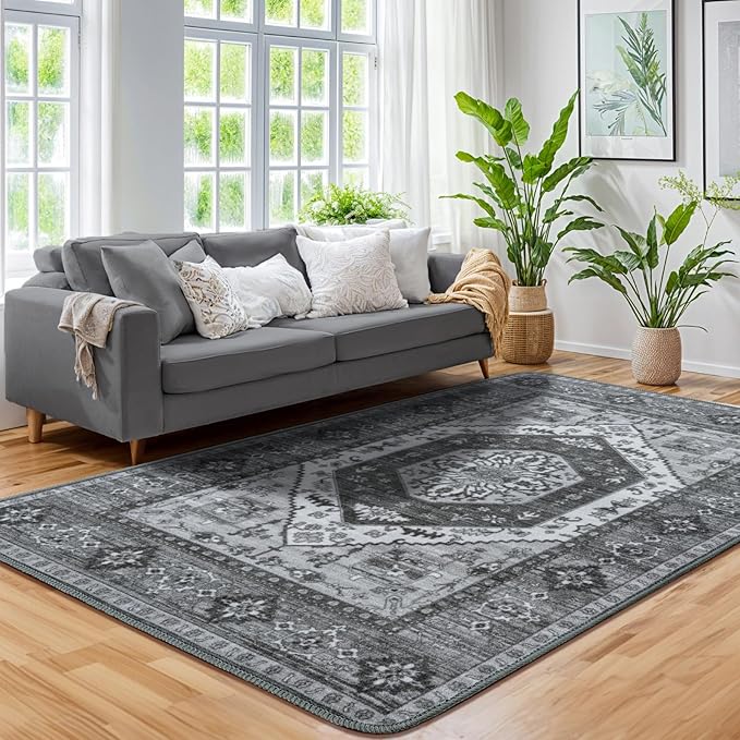 LBRO2M Boho Area Rug 6X9 Washable Rugs for Bedroom Low Piles Indoor Carpet, Non Slip Soft Rug for Living Room, Dining Room, Dark Gray Rug Foldable Pet Friendly Area Rugs (6'X9' Dark Gray)