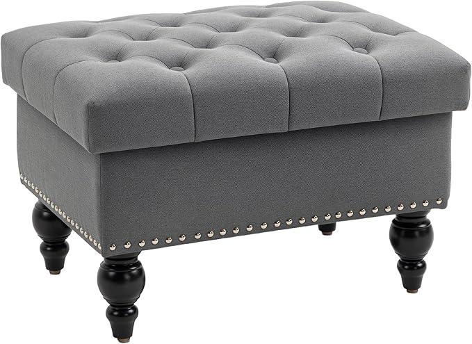 HOMCOM Ottoman with Storage for Living Room, 25" Storage Ottoman with Removable Lid, Button-Tufted Fabric Bench for Footrest and Seat with Wood Legs, Gray