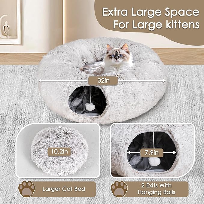 Cat Tunnel Bed for Indoor Cats, Peekaboo Cat Cave with Washable Soft Play Mat, Furry Cat Tube, for Kitten/Puppy/Rabbit, Brown