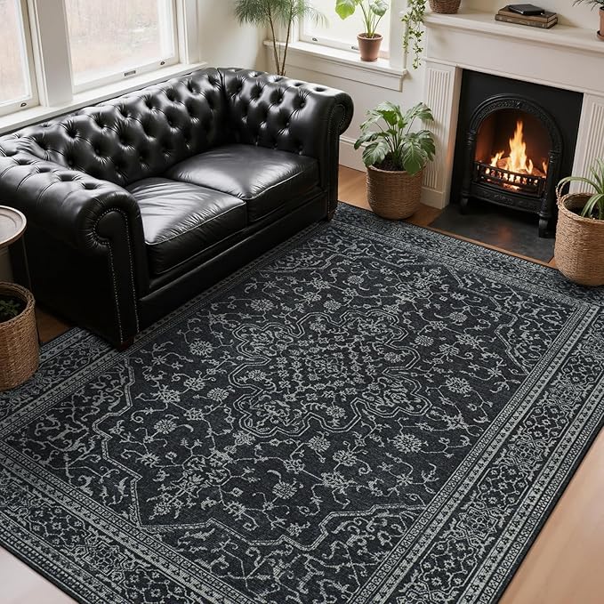 Washable Rugs 8x10 Area Rugs for Living Room,Bedroom,Dining Room- Soft Low Pile Stain-Resistant Carpet with Non-Slip Rubber Backing,Large Vintage Area Rug for Farmhouse Nursery Home Office Decor