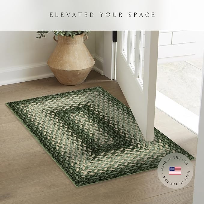 Maples Rugs Marion Bohemian Braided-Style Print Area Rug ??Made in USA ??Washable, Non-Slip Low-Profile Indoor Throw Rug for Foyer, Kitchen & Bathroom, 34" x 20", Green
