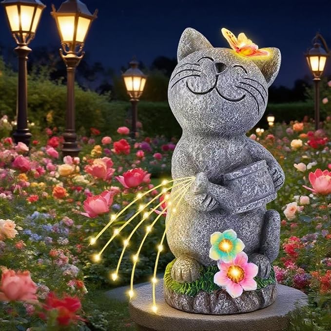 Solar Garden Cat Decor, Animal Statue Outdoor Lights, Mothers Day Birthday Housewarming Gifts for Mom Grandma Women Sister Wife Lady Lover-Patio, Porch, Yard, Balcony Decorations, Lawn Ornaments.