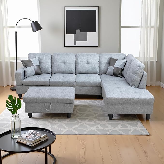 Couches for Living Room Modern L Shaped Couch Comfy Linen Fabric 3 Pieces Sectional Sofa with Chaise, Ottoman with Storage for Office and Small Apartment, Grey