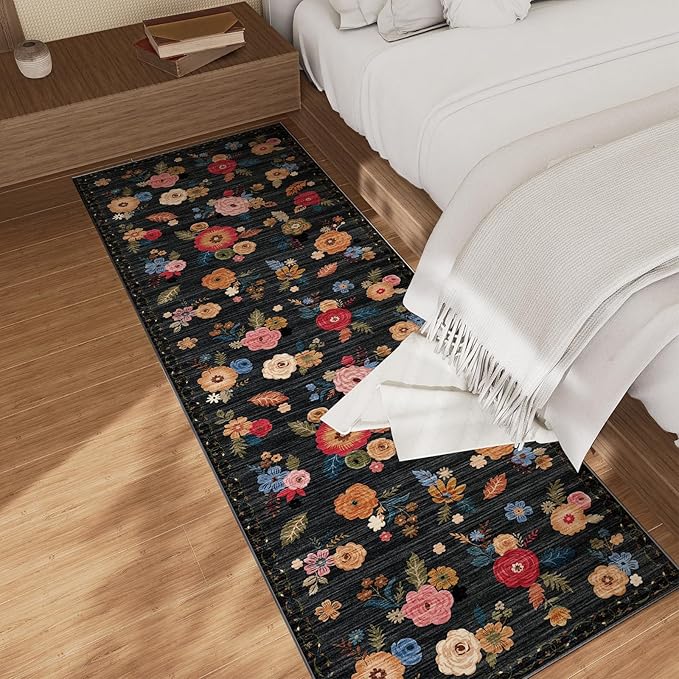 Machine Washable Runner Rug for Hallway: 2'6"x8' Kitchen Runner Rugs with Rubber Backing Non Slip Stain Resistant Floral Floor Rug Soft Carpet Runners for Indoor Entryway Bedroom Bedside Living Room