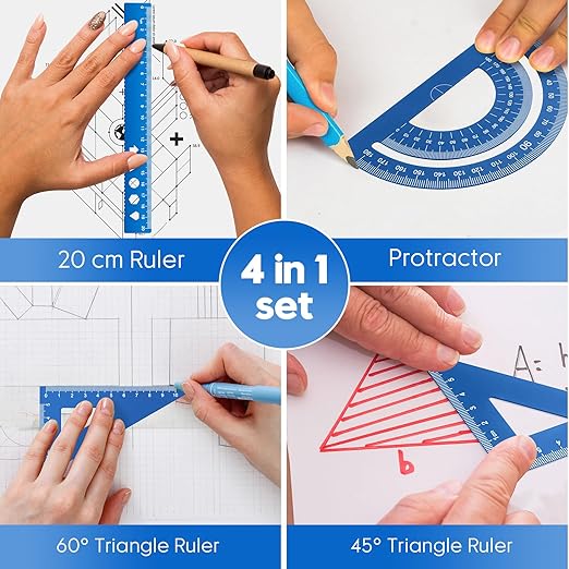 MSDADA Triangle Ruler, Protractor, Square and Ruler Set, 4 Pieces Aluminum Alloy Ruler, Metal Drafting Ruler Kit, Geometric Protractor for Student, School, Home, Office (Blue,20cm/7.87inch)